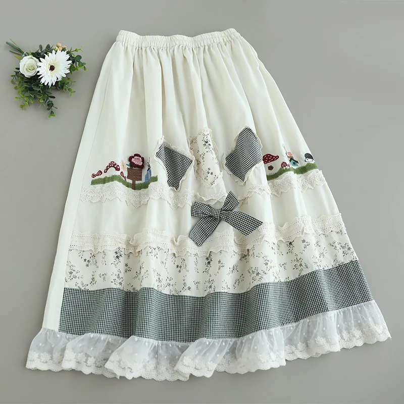 Japanese Sweet Mori Girl Cartoon Embroidery Lace Bow Plaid Patchwork Skirt Women Summer Elastic Waist Lolita A-Line Cotton Skirt