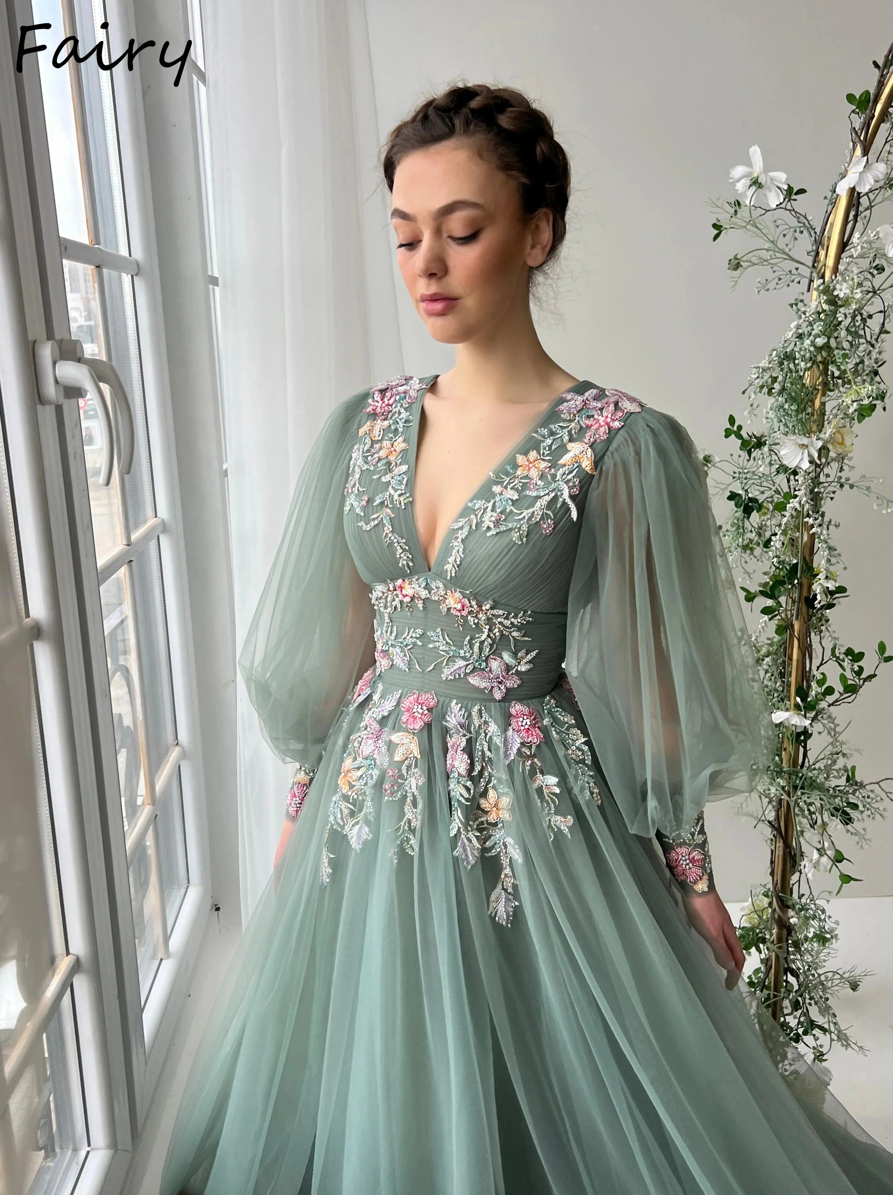 Customized Sage Green Tulle Prom Dresses Beading 3D Flowers Lace Appliques A-Line Evening Gowns Puff Sleeves Formal Party Dress view 4