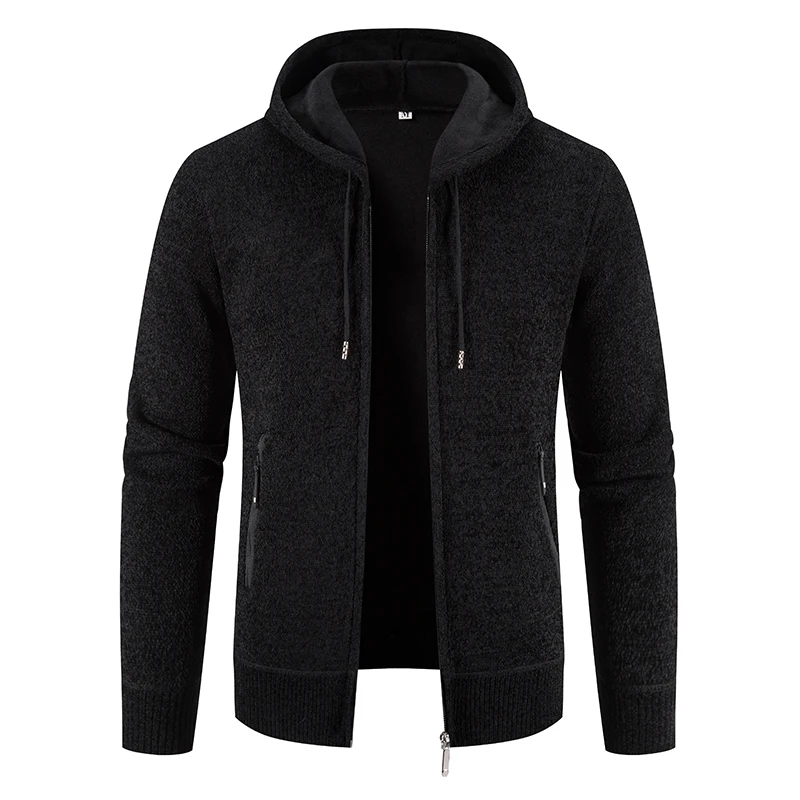 2024 New Winter Mens Sweaters Hooded Fleece Cardigan Men Knitted Warm Sweatercoat Solid Casual Hooded Sweater Jacket Man