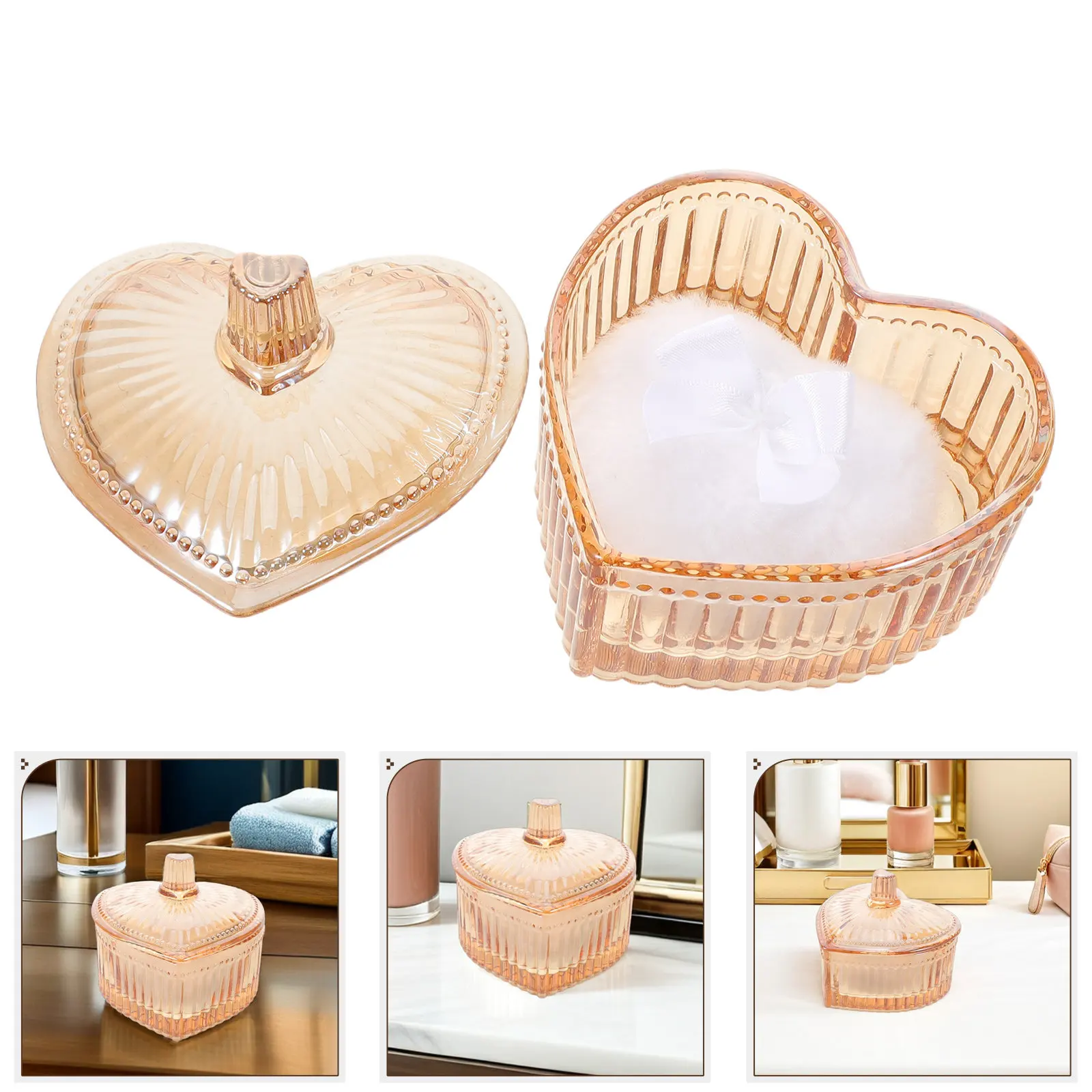Heart Shape Powder Puff Glass Container Washable Foundation Applicator Makeup Storage Compact Dusting Puff Organizer
