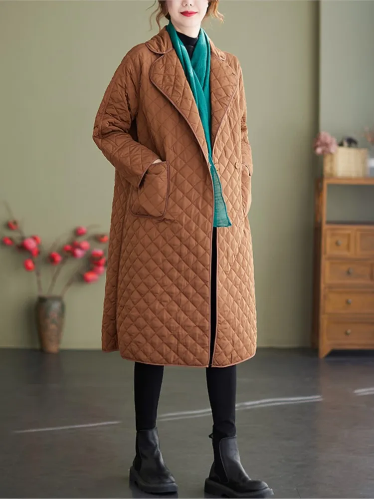 Manteau long d'hiver en coton rembourré pour femmes, vestes à carreaux à manches longues pour femmes, vestes décontractées pour femmes, mode