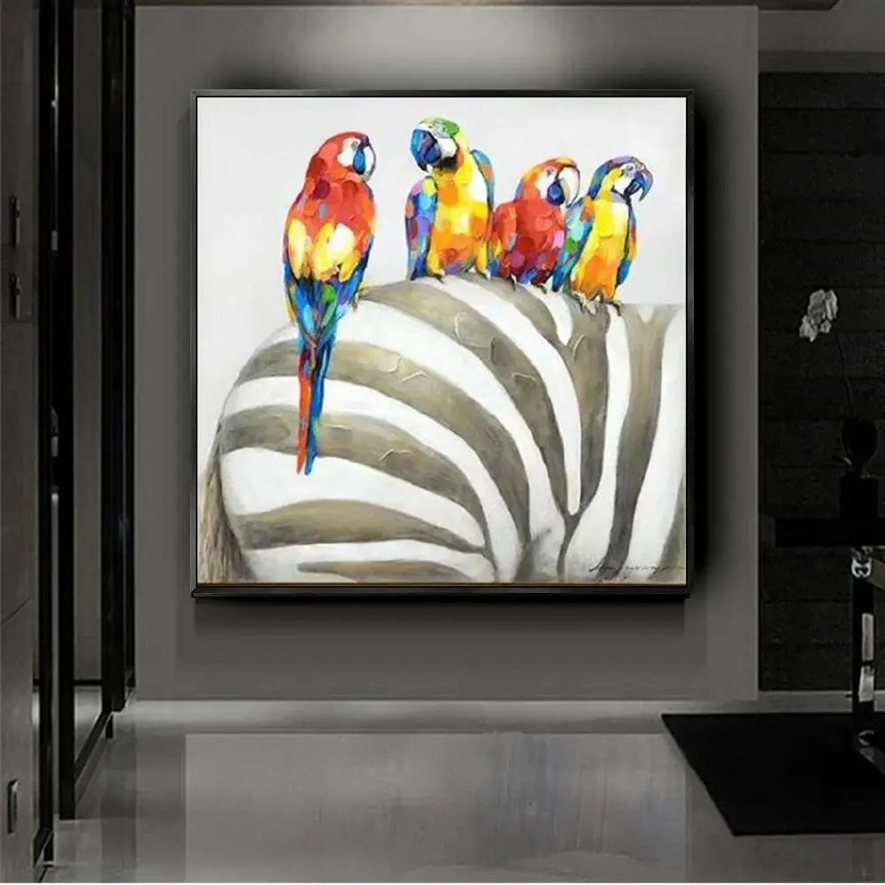 Hand Painted Canvas Oil Paintings  Animal Wall Art for Kids Room  Parrot on Zebra  Home Decor Mural  Poster Prints Decor