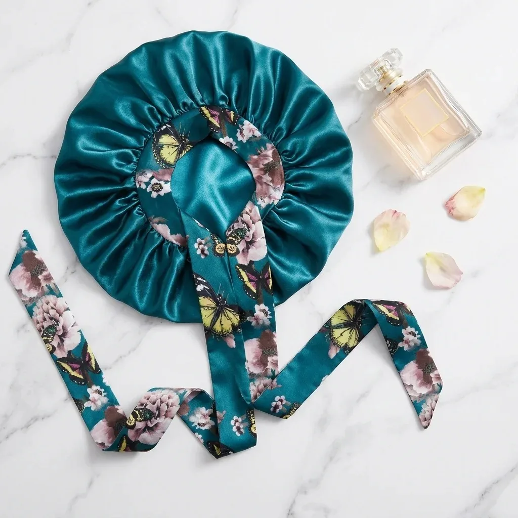 New Women's Silk Sleep Bonnet Wide Edge Elastic Breathable Flower Print Beauty Sleeping Hat