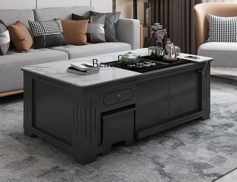 

01Living room household slate solid wood lifting coffee table tea kettle integrated multi-function