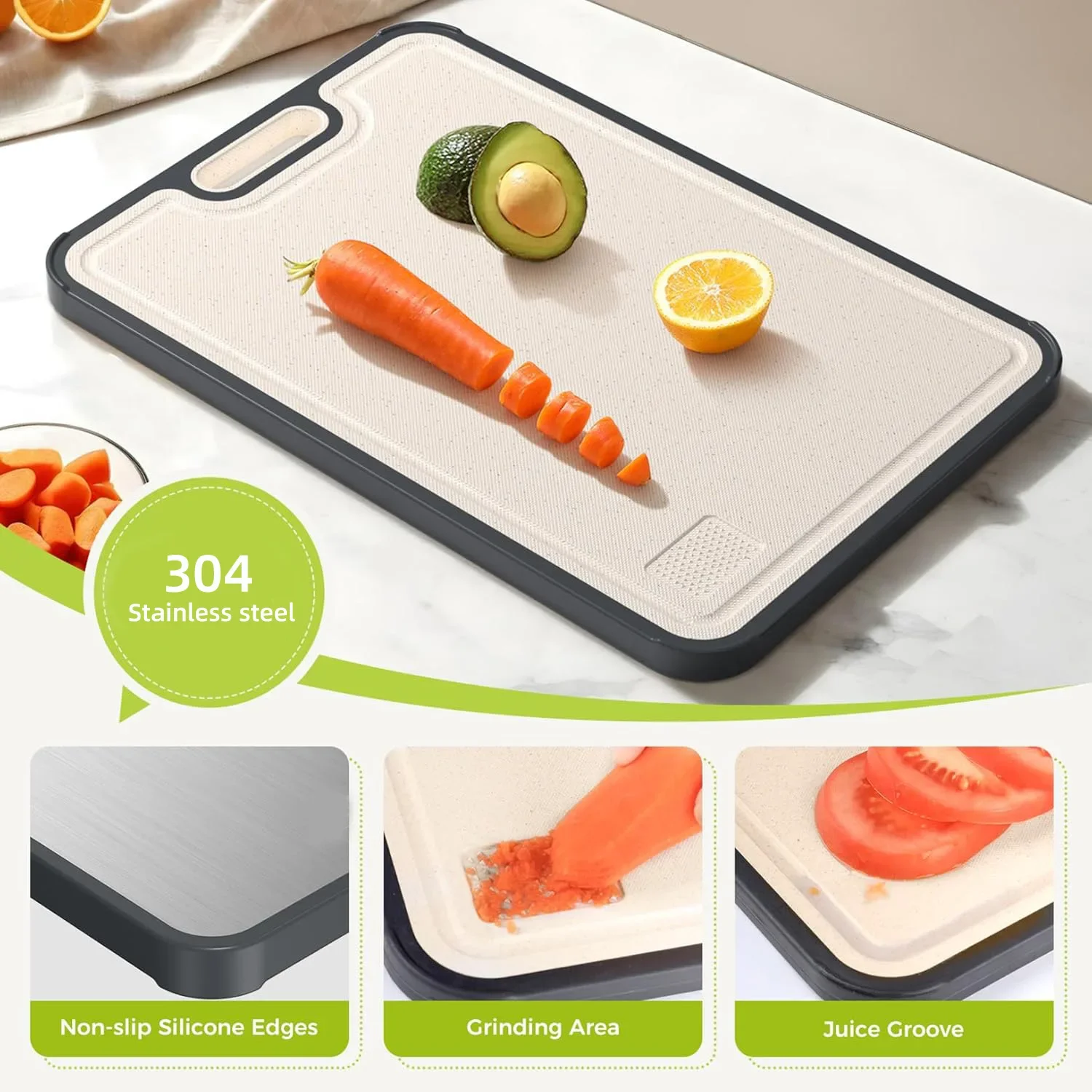 Double Sided Cutting Board Kitchen Stainless Steel Wheat Straw Anti Bacterial Chopping Boards for Cutting Meat and Vegetables
