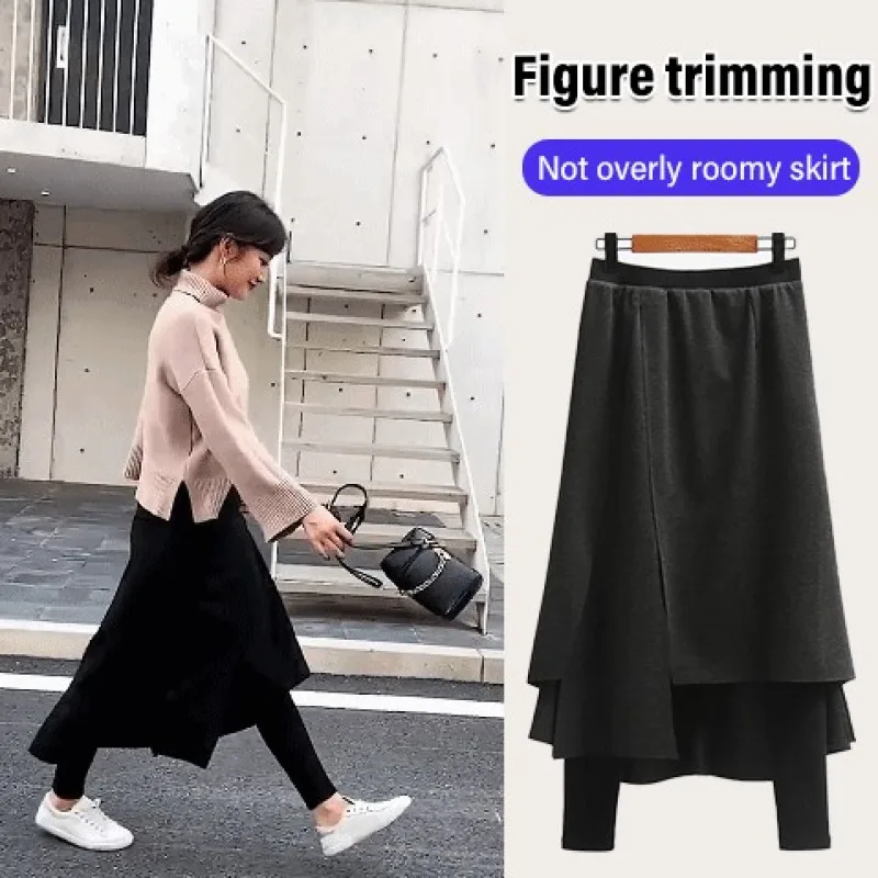 Women\'s Irregular FakeTwo-piece Leggings Skirt Thickened Warm Skirt One-piece Pant Skirt Irregular High Elastic Women\'s Culottes