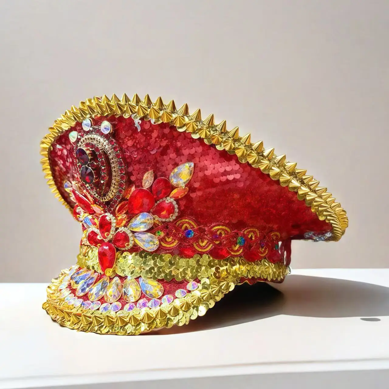 HongLuan Yellow Laser Leather Loop Captain Hat Rhinestone & Military Caps for Woman, Rave Festivals Accessories ＆ Party Cap Man