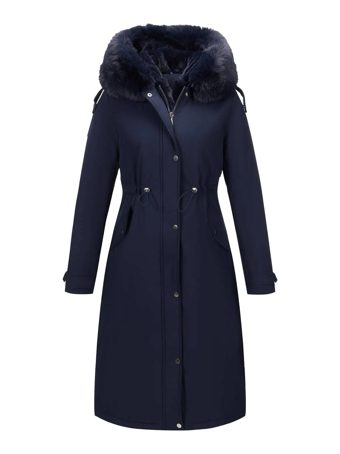 レディース 秋冬ファッション ミドル丈コート フェイクファー襟付き ウエストタイ付き