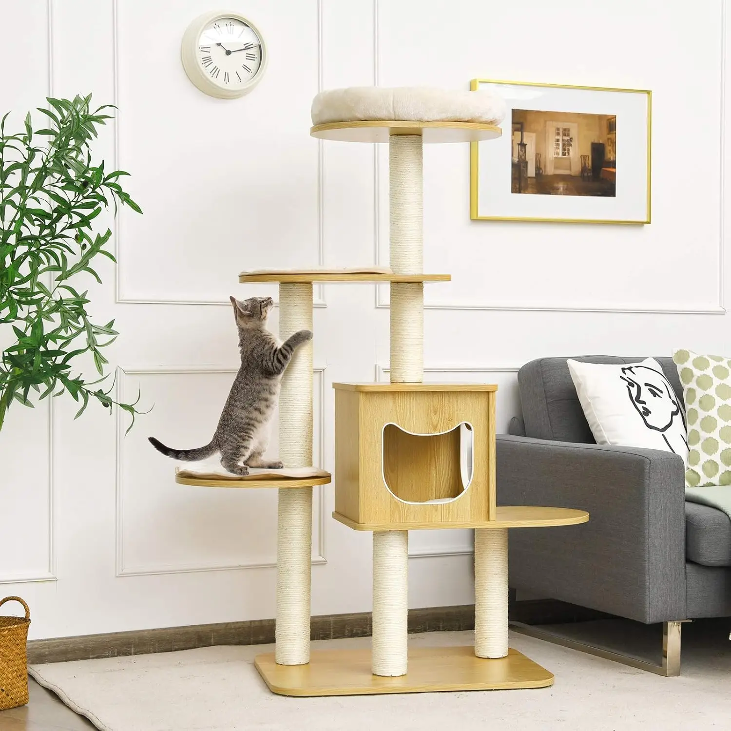 

Modern Wood Cat Tree, 53 Inches Cat Tower with Platform, Cat Activity Center with Scratching Posts and Washable