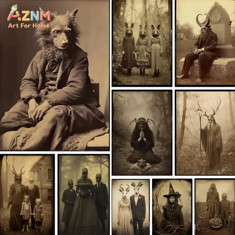 1PC,Dark Academia Art Grotesque Poster Prints Gothic Ghost Witch Monster Demon Devil Canvas Painting Wall Art Home Unframed