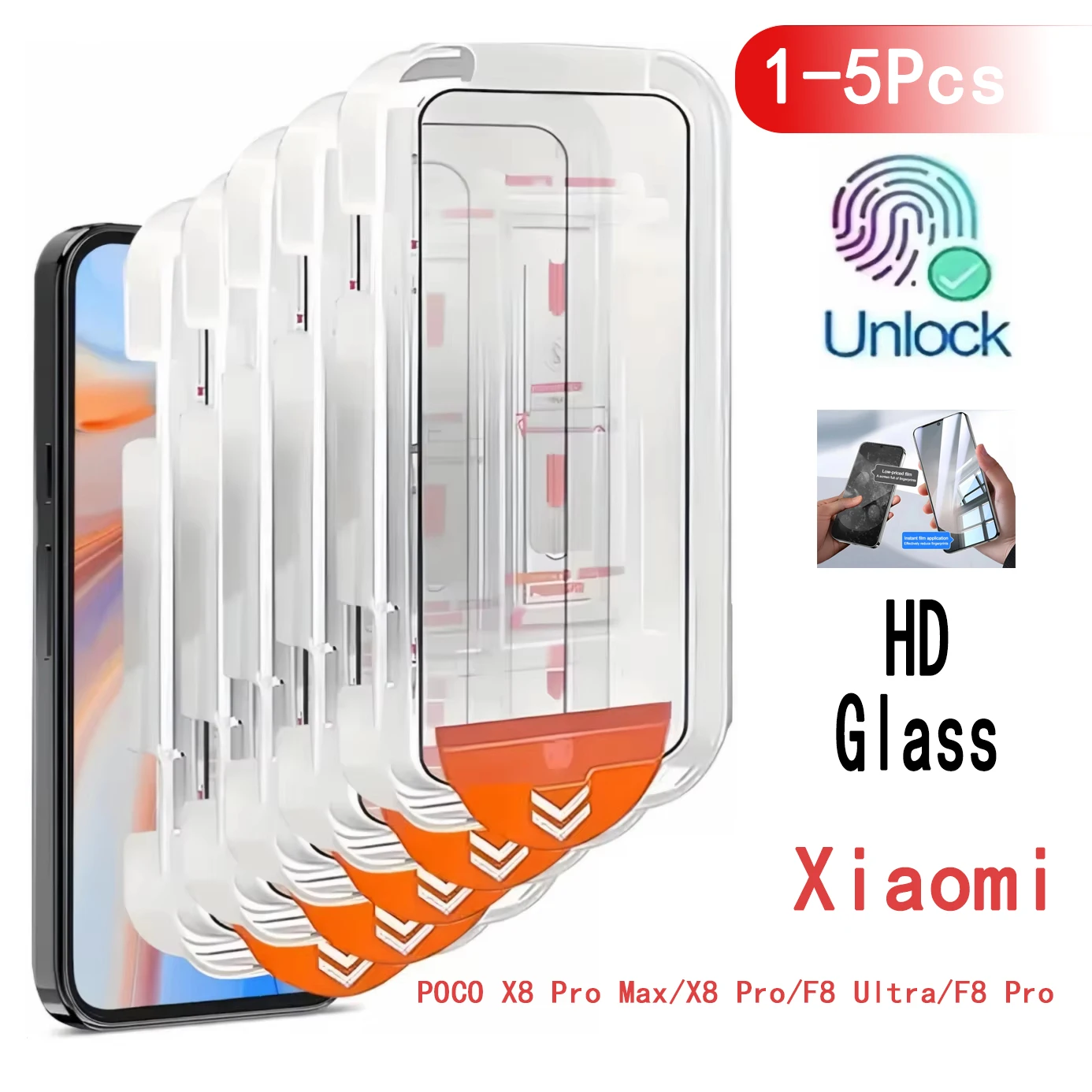 1-5PCS HD Screen Protectors For Poco X8 Pro Max X8 Pro F8 Ultra F8 Pro Dust Free Installation Fingerprint Unlock Tempered Glass