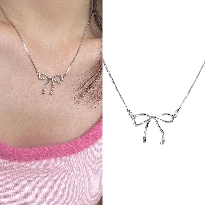 

Trendy Bowknot Necklace Silver Color Clavicle Chain For Woman Elegant Vintage Sweet Bow Choker Necklace Party Jewelry Gifts