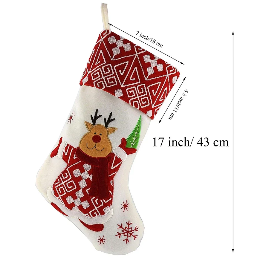 1 Pair 17 Inch Red Snowflake Pattern Christmas Stocking Socks Candy Bag Snowman Elk Hanging Home Fireplace Decoration New Year