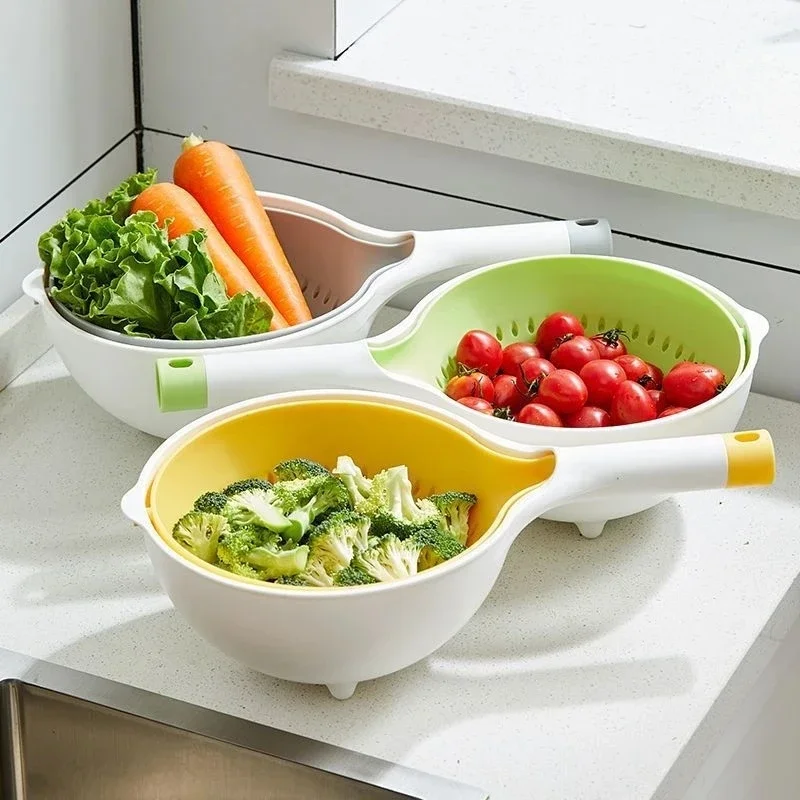 Colander Double-layer Rotatable Drain Basket Strainers Bowls Drainer Washing Vegetables Fruit Basin Cleaning Basket with Handle