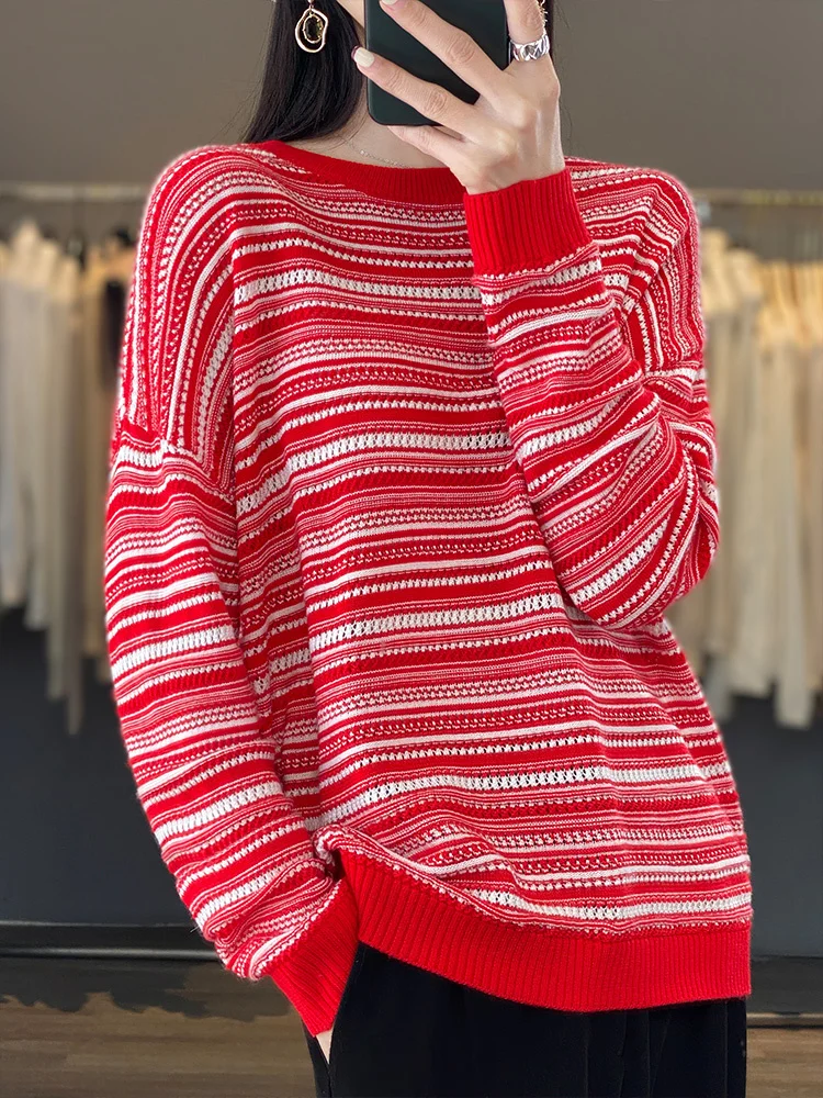 Fashion Versatile Wool Stripe Color Block Sweater Women's Top Underlay Hollow Loose Cashmere Knit