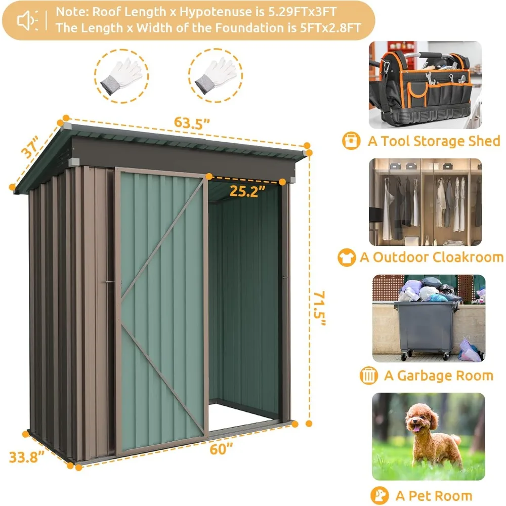 Outdoor Storage Shed 5x3 FT, Metal Garden Shed for Bike, Garbage Can, Tool, Outside Sheds & Outdoor Storage