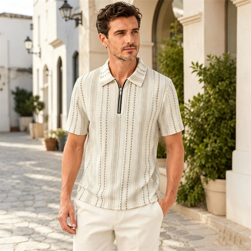 2026 Summer New style Men's jacquard half-zip short-sleeved polo shirt Men turn-down collar casual breathability sports T-shirt