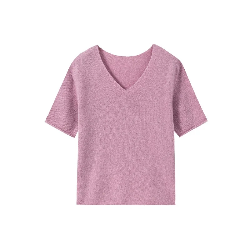 

Curled 100% Wool Short Sleeve Sweater Women Autumn Seamless V-neck Loose Solid Color Knitwear Pullovers