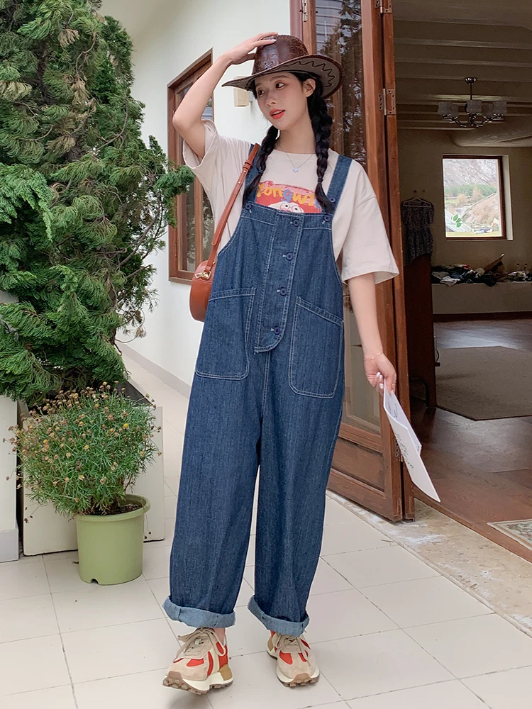 American Retro Denim Overalls Women's Spring Summer Loose Casual Wide Leg Jumpsuit Comfortable Breathable Skin-Friendly
