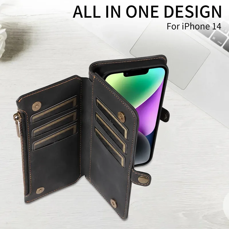 For iPhone 16 15 14 13 12 11 Mini Pro X XS Max 8 7 PLUS XR SE 2020 with Strap Zipper Wallet Cards Stand Leather Flip Phone Bags