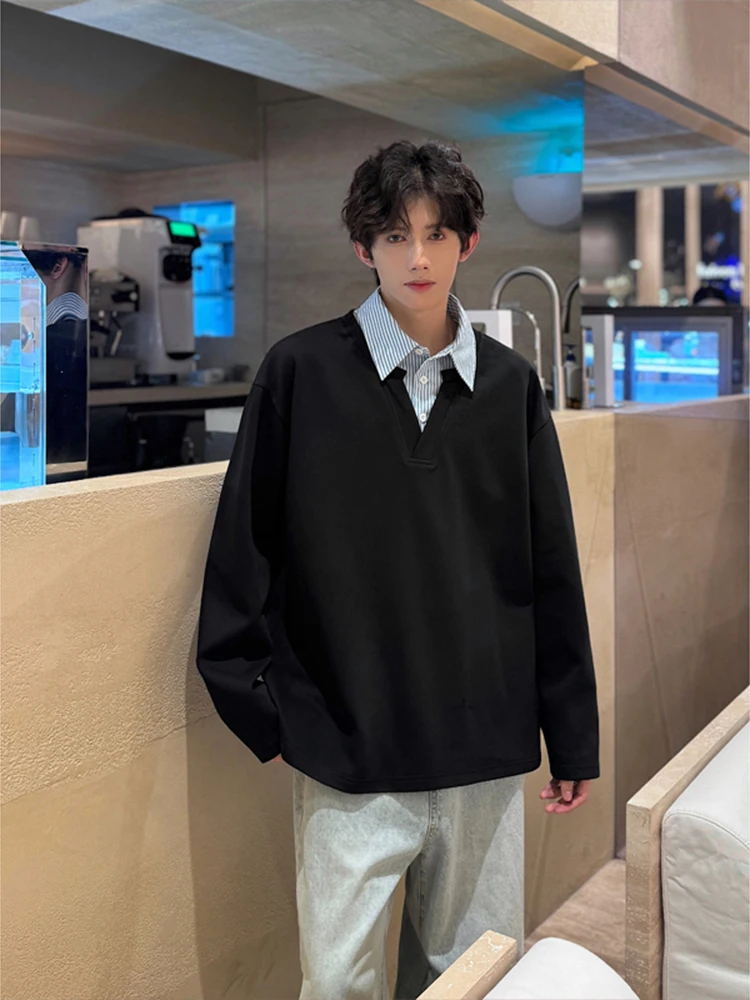 

Korean Sle Men's Long Sve Sweatirt irt Collar Stripe Splicing T-irt Autumn Season Casual Loose Fit Polyester Blend