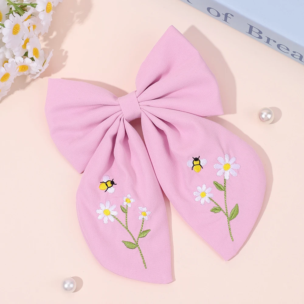 Flor arco grampos de cabelo doce rosa abelha floral artesanal bordado bownot barrette para meninas crianças daliy heawear acessórios