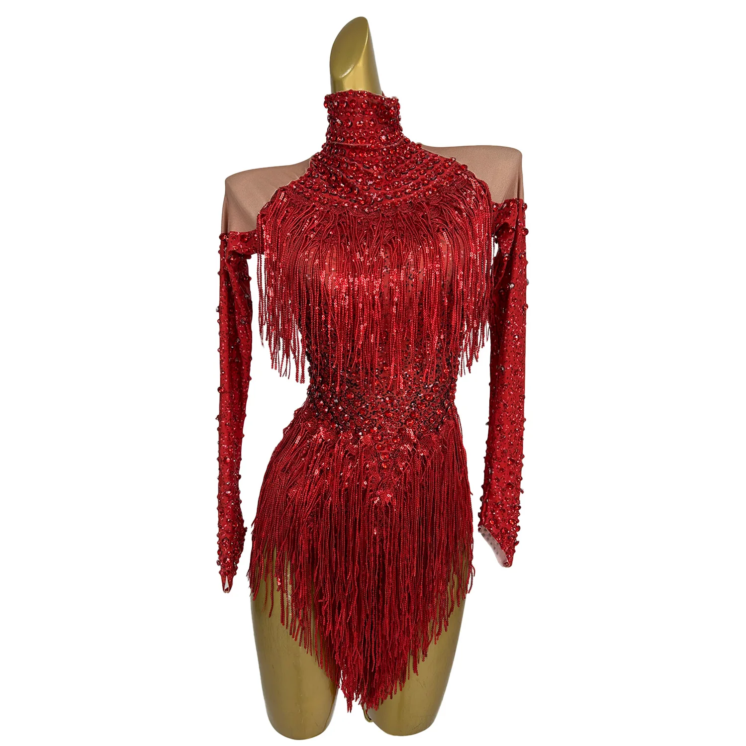 Nightclub Sexy Show Wear Carnival Party Bodycon Spandex Elastic Tassel Red Bodysuit Sparkly Rhinestone Stage Performance Costume