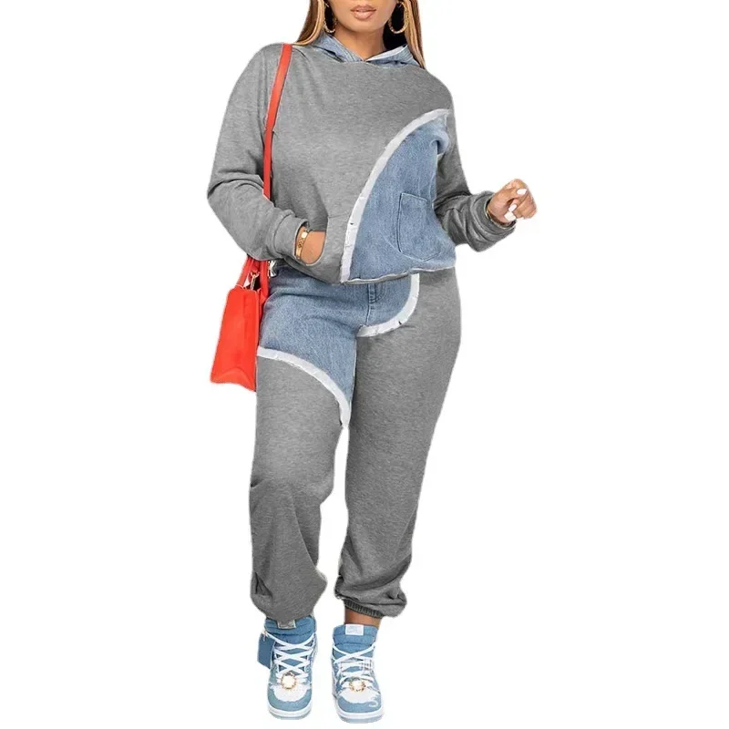 Women Two Piece Sets Tracksuit Autumn Jeans Splicing Hooded Top Sweatshirts Pocket Jogger Pants Suit Loose Female Office Lady