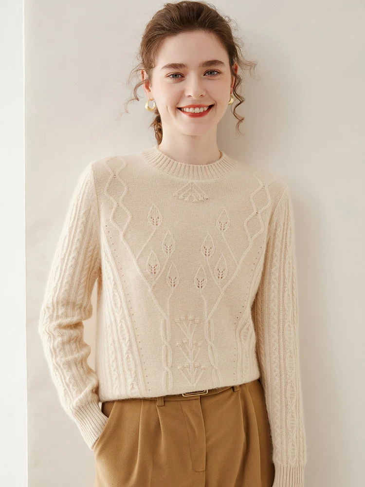 Женский утепленный кашемировый свитер, вязаный пуловер с длинным рукавом и круглым вырезом, Осень-зима 100%