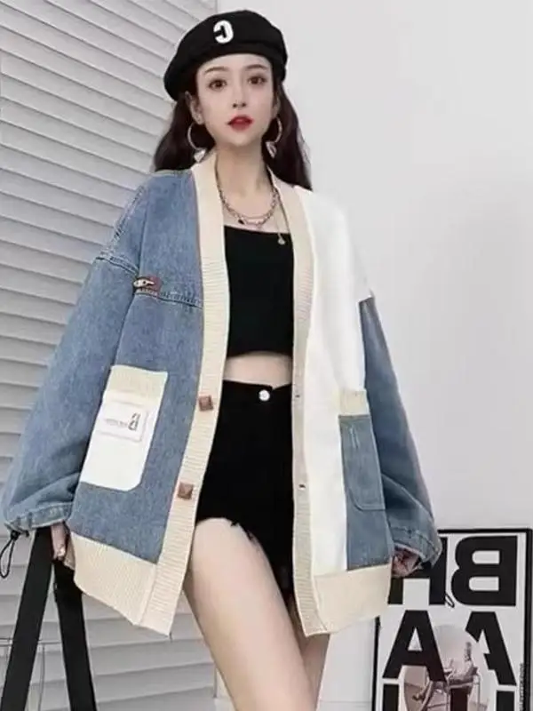 

Ele большие размеры, весенне-осенний джинсовый тюнер, женский свободный крой, V-Ne Long Sve, цветная блузка без пуговиц