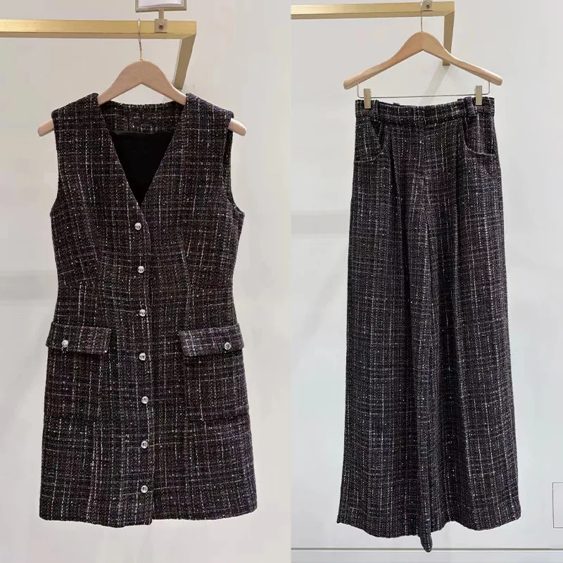 

【Gift Free】 French Niche 2025 Fall Winter Tweed Lurex Plaid V-Neck Pinafore Dress & Wide-Leg Pants Office Women’s Set