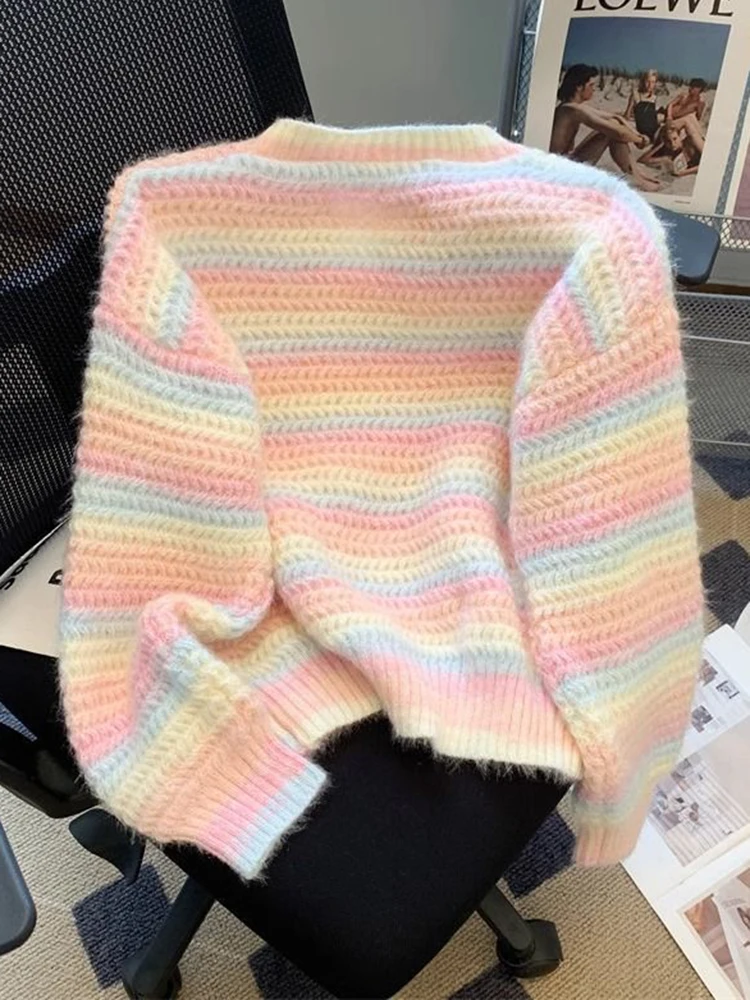 Zoki Women Chic Rainbow Sweater Loose Cute O Neck Long Sleeve Knitted Jumpers Fall Winter Lazy Wind Japan Fashion Sweet Pullover