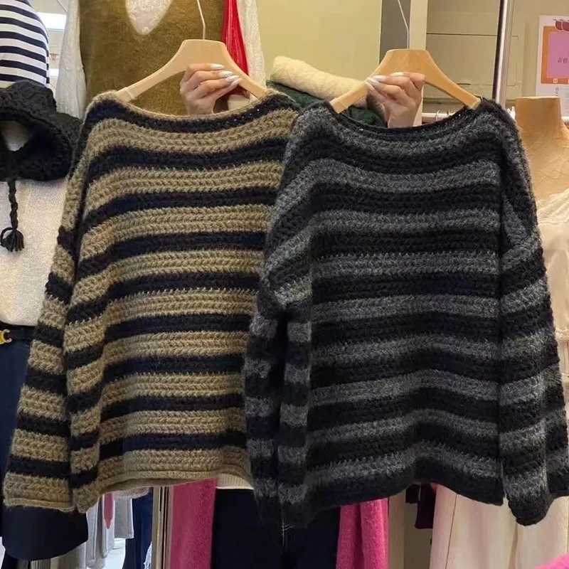 Gidyq Vintage gestreiften Strick pullover Frauen koreanische übergroße faule Wind o Hals Pullover Mode lässig alle passen Strickwaren 3 Farbe