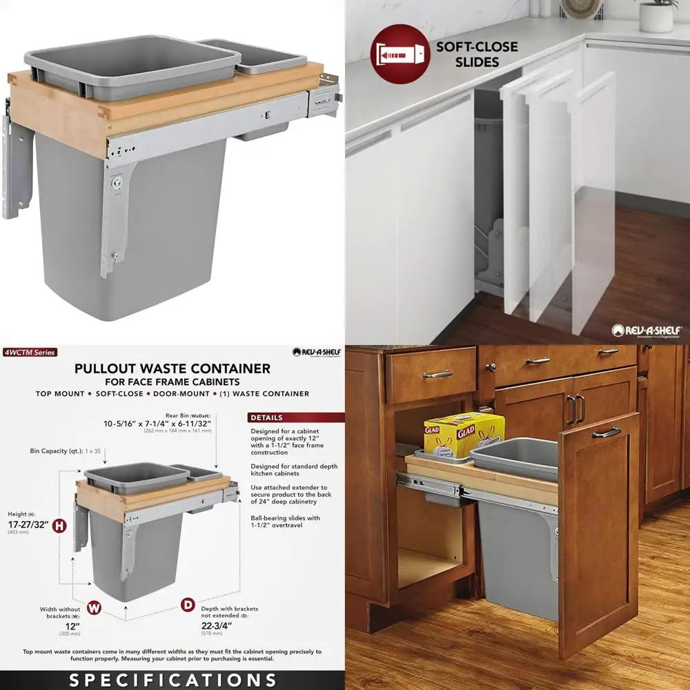

Single Pullout Under Cabinet Trash Can 35 Quart Kitchen Soft-Close 150 Pound Capacity Full-Extension Silent Glide