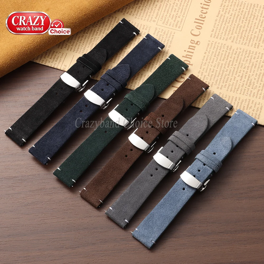 20mm 22mm Suede Leather Watch Strap for Omega for Seiko Brown Universal Vintage Cowhide Band Butterfly Buckle Men Women Bracelet - view 5