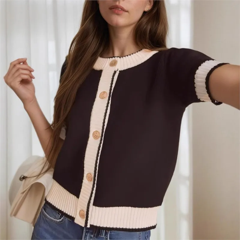 

Summer Women's Short Sleeve Knitted Tops New Casual Fashion Classic Round Neck Single-Breasted Color Spelling Sweater Coat Top