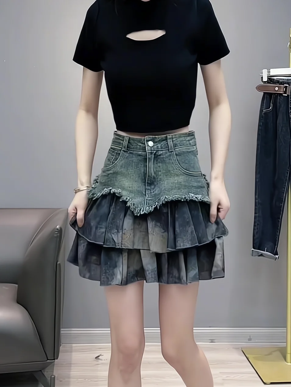 High Waist A-Line  Skirt Denim Patchwork Design Women's Fashion Slimming Short Skirt American Pure Desire Style