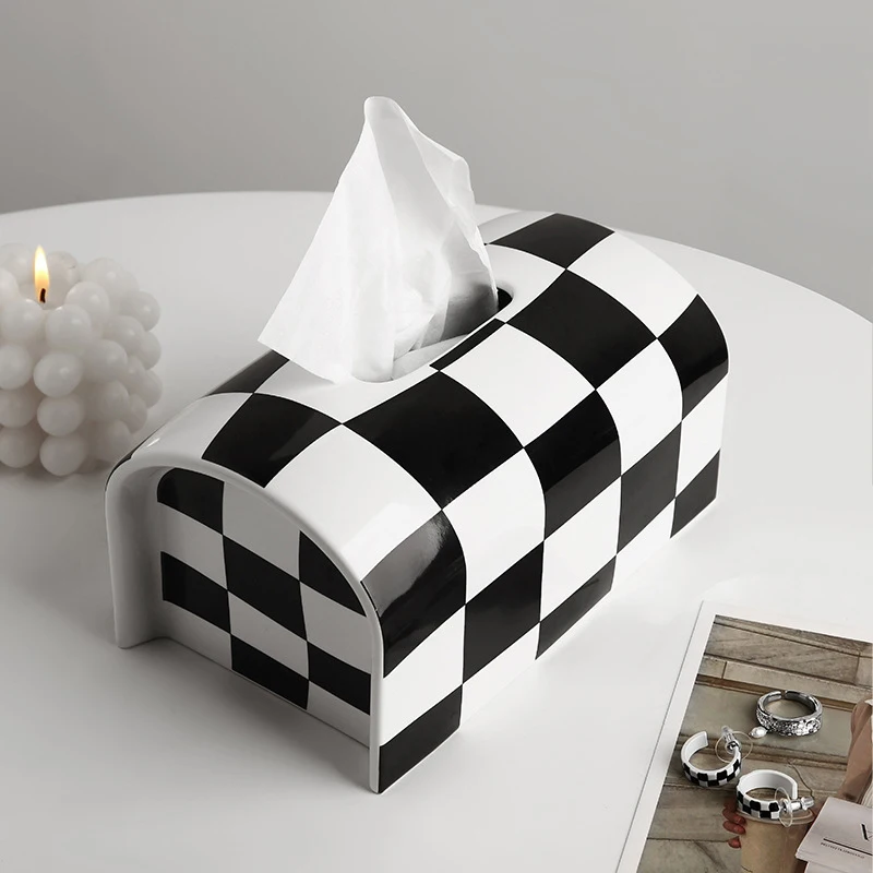 

TingKe-Medieval Checkerboard Pattern Tissue Box, Creative Home Desktop Decoration, Art Ceramic Paper Box Ornament