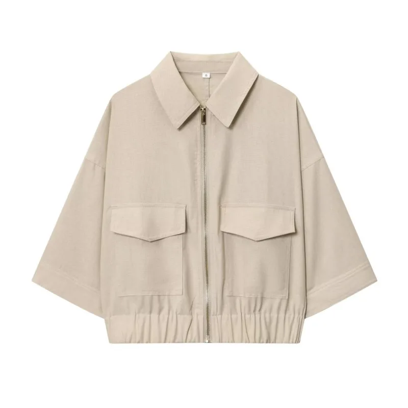 

Women Short Jacket with Zipper Turn Down Collar Pocket Women Coat Chic Ladies Elastic Hem Jackets Female Chic Tops