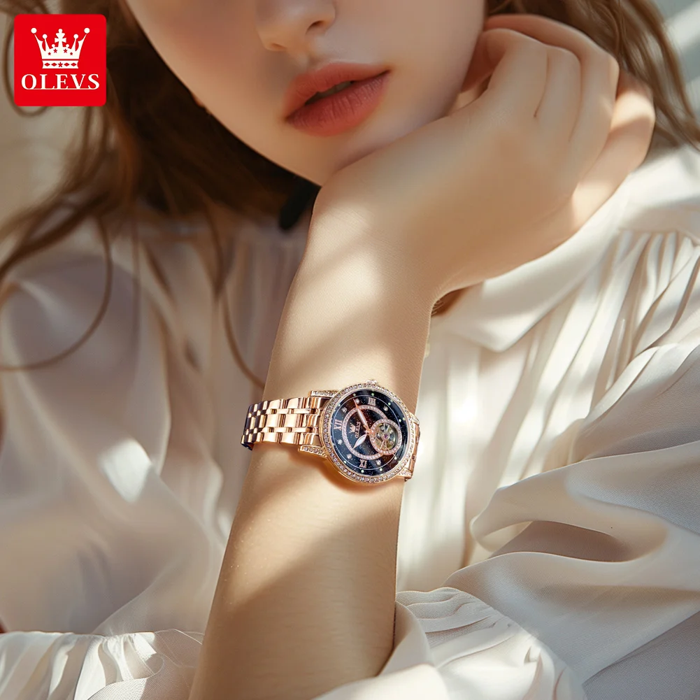 OLEVS 7036 Women Mechanical Watches Diamond Starry Sky Dial Hollow Flywheel Luminous Automatic Ladies Elegant Wristwatch