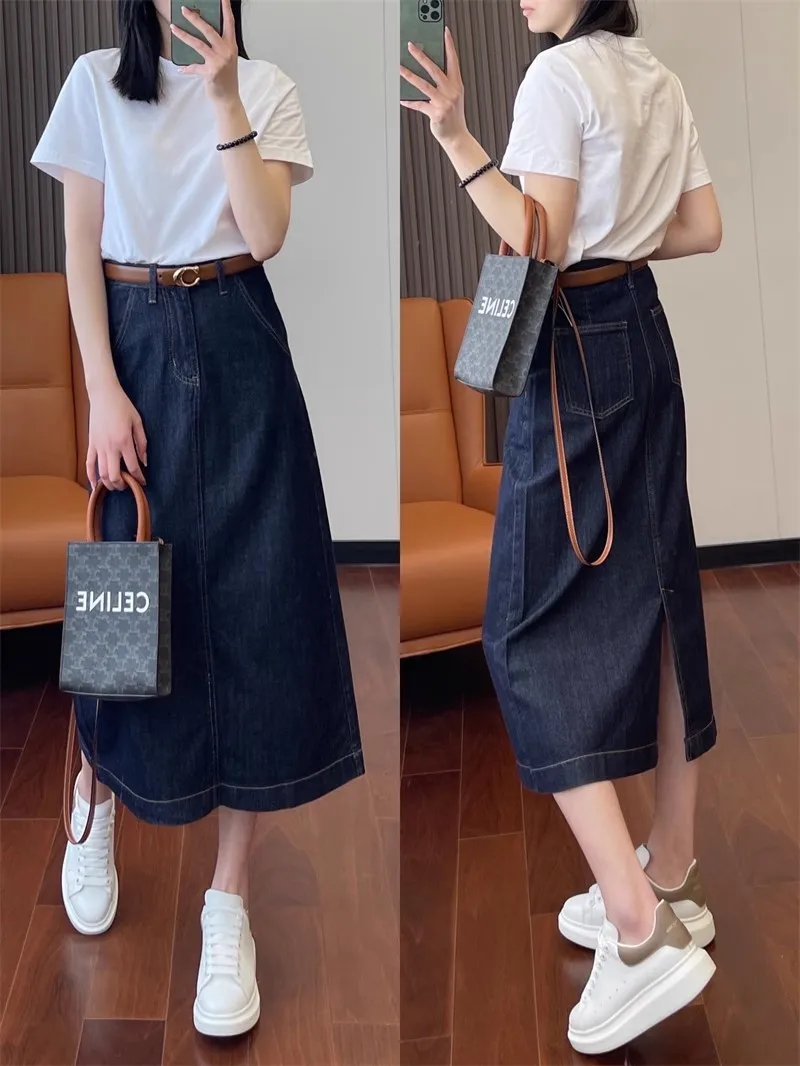 

High Waist A-Line Midi Skirt Bla Tech Anti-Fade Salt Series Hong Kong Sle Jeans f-length Skirt Faionable Design