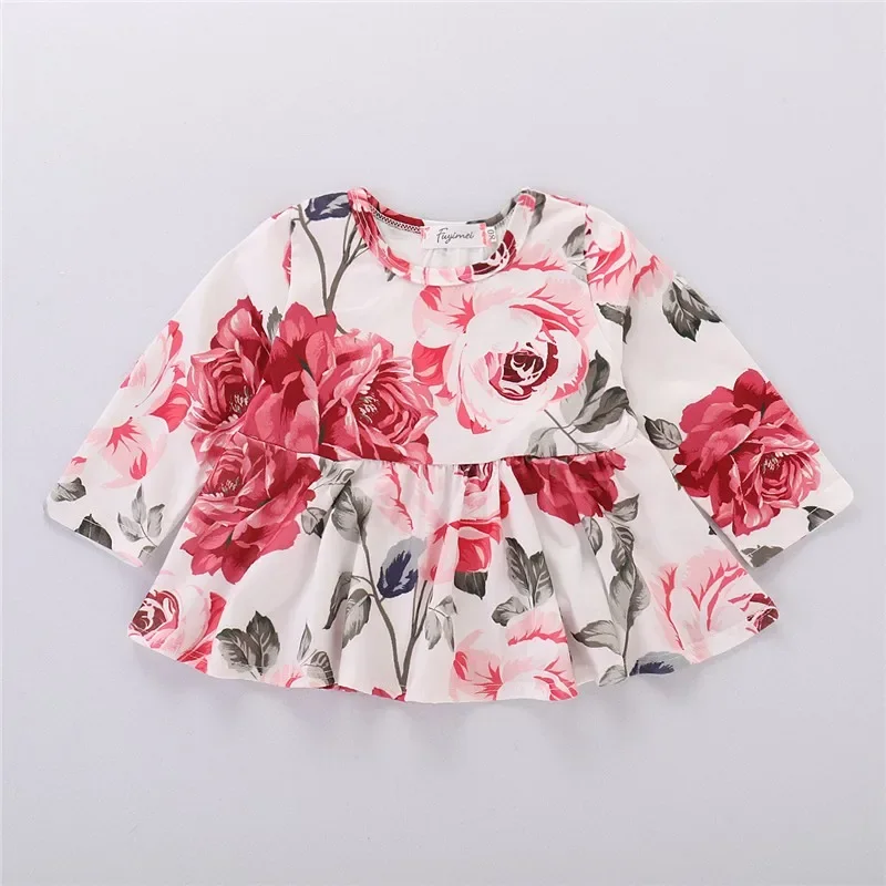 2PCS Clothes Set  Toddler Baby Girl Floral Print Long Sleeve Top+Ripped Hole Denim Pant Autumn Costume  for Kids Girl 1-4 Years