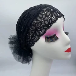 Black Lace Under Scarf Cap Big Flower Hijab Volumizer Scrunchie Stretchy Inner Hijabs Muslim Headscarf Bonnets Turbante Mujer