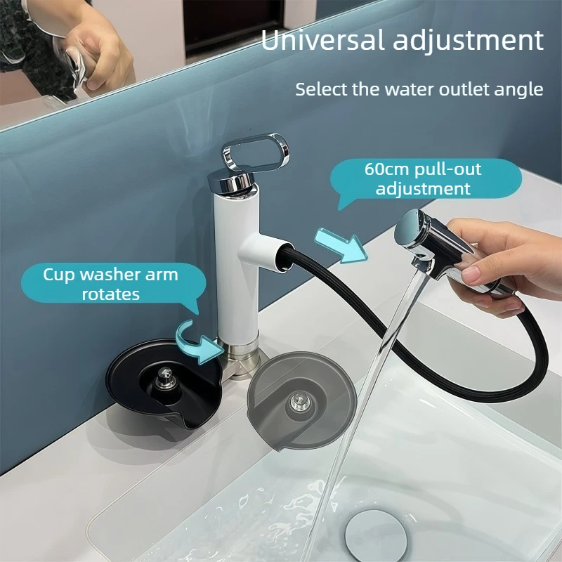 Hot and Cold Pull-Out Basin Faucet for Bathroom, Washbasin, Bathroom Counter Basin, Sink Faucet with Cup Washer