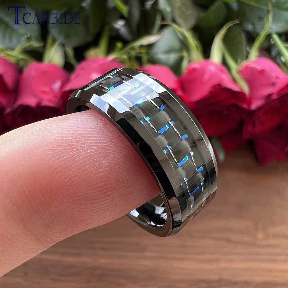 6MM 8MM Carbon Fiber Ring Men Women Classic Tungsten Wedding Band Beveled Polished High Quality Comfort Fit