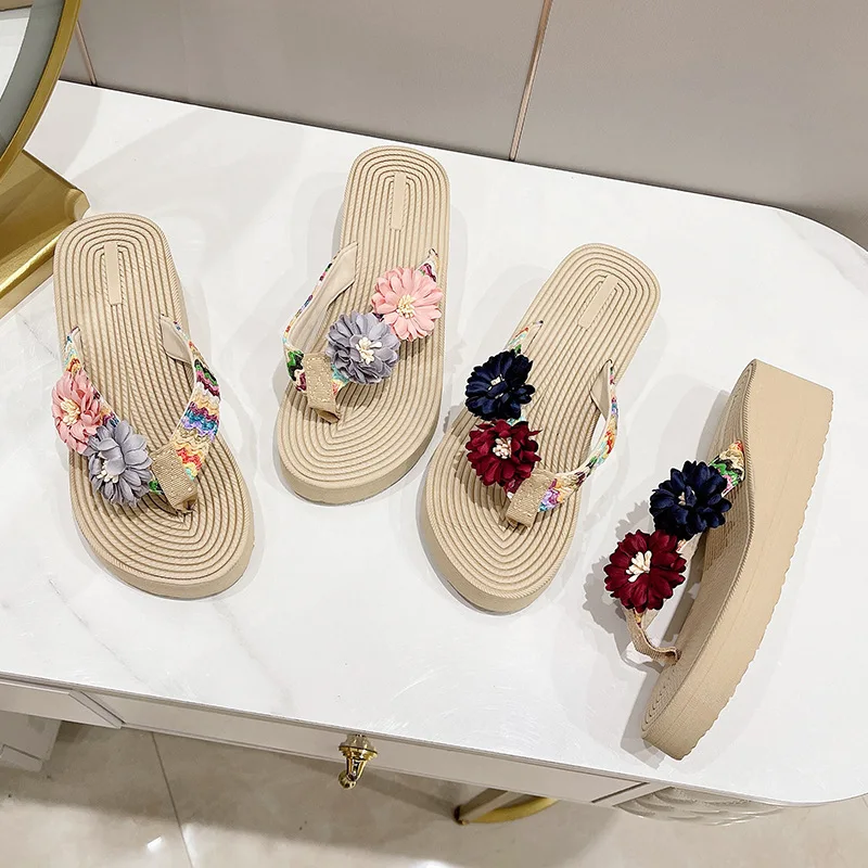 Women Slippers Summer Platform Wedges Mid Heels Flower Peep Toe Fashion Anti-slip Beach Outdoor Soft Flip Flops Zapatos De Mujer - Image 2