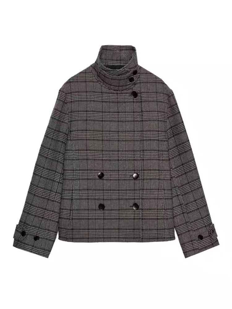 

Винтажная женская куртка в клетку, свободного кроя, с воротником-стойкой, длинными рукавами, двубортная, толстая, весна-осень 2026, новинка в категории верхней одежды