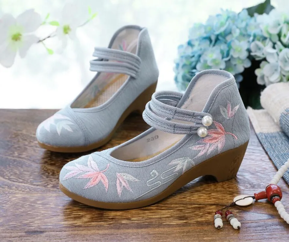 Women Ankle Button Strap Pumps Ethnic Embroidery Mary Jane Dress Shoes Mid Heel Cotton Fabric Espadrilles Vintage Sandals
