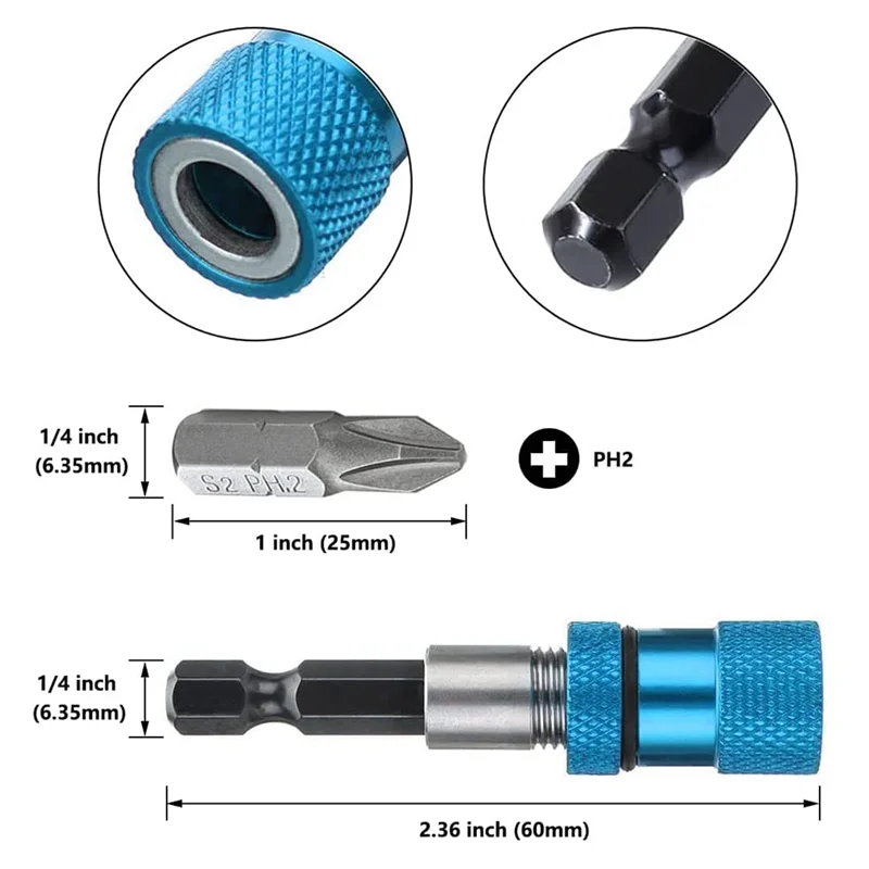 

3PCS 60mm Drywall Screw Bits Setter Magnetic Bit Holder 1/4 Inch Hex Shank Driver Bits Adjustable Depth Screw Holder