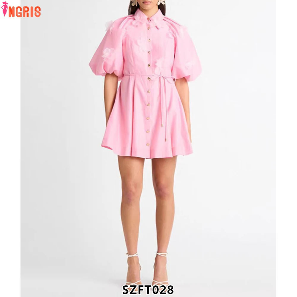 

Fashion Midi Dress Women Puff Sleeve 3D Appliques Mesh Large Hem Design Turn-down Collar Short Sleeves Casual-SZFT028